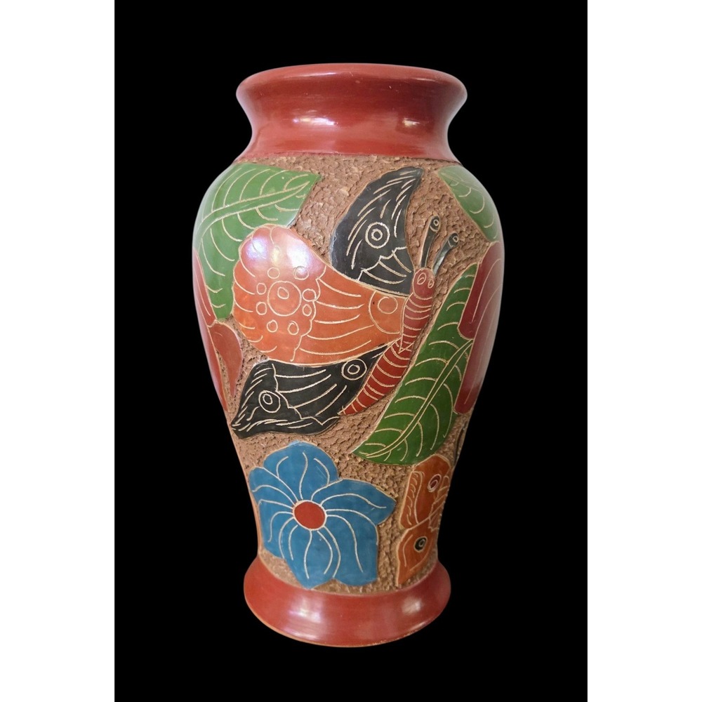 Nicaragua Clay Pottery Vase Handmade Carved Butterflies Tropical Textured Raised